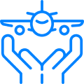 A blue sign with an airplane and hands