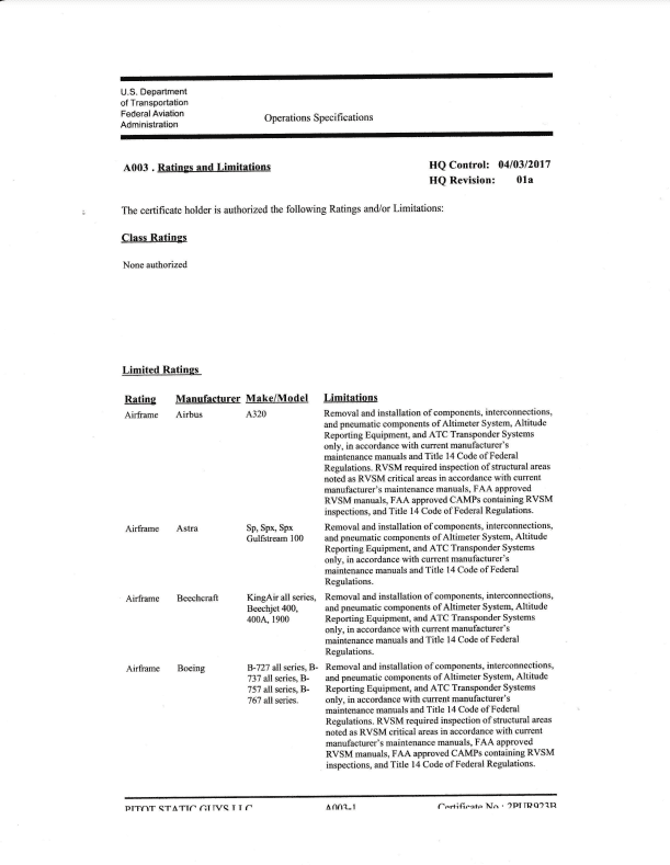 A page of an operating specification document.